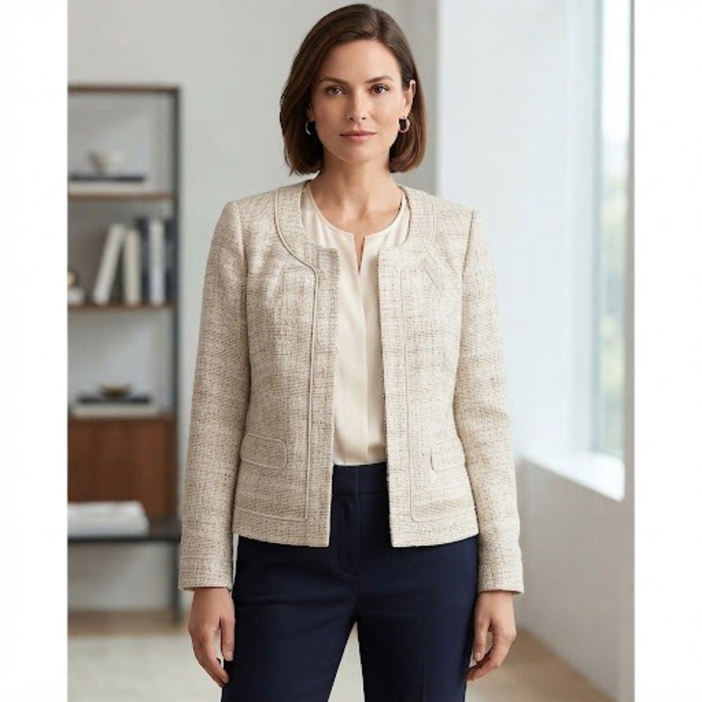 Banana Republic Cream Beige Textured Tweed Collarless Blazer Jacket 14 Old Money
